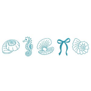 May include: A collection of embroidered aquatic designs in teal blue. The designs include two spiral seashells, a seahorse, an open clam with a pearl, and a bow. The designs are on a white background.