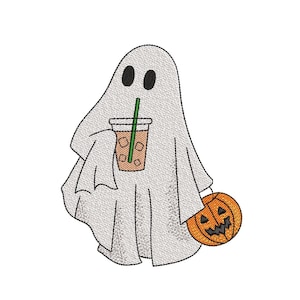 Ghost with Iced Coffee Embroidery Design, Halloween Embroidery Design, 3 sizes, Instant Download