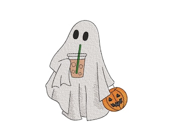 Ghost with Iced Coffee Embroidery Design, Halloween Embroidery Design, 3 sizes, Instant Download