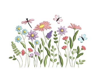 May include: Embroidered design of a field of flowers with pink, purple, blue, and green hues.  Butterflies and dragonflies are also included in the design.
