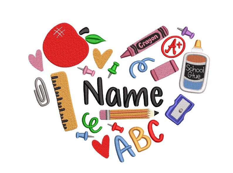 May include: A red apple, a ruler, a pencil, a crayon, a glue bottle, a paperclip, push pins, and the letters ABC in a heart shape. The text "Name" is in the center of the heart.