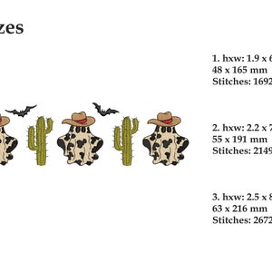 May include: Three embroidered designs of a ghost wearing a cowboy hat and a cactus. The designs are available in three sizes: 1.9 x 6.5 inches, 2.2 x 7.5 inches, and 2.5 x 8.5 inches. The designs are perfect for embroidery projects.
