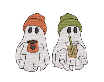 Spooky Ghosts With Coffee Embroidery Design Ghost Halloween Coffee Machine Embroidery File for 4x4 5x7 6x10 8x8 Hoops Instant Download