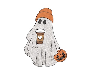 Diseño de bordado de fantasma con café, diseño de bordado a máquina de Halloween, 3 tamaños, descarga instantánea