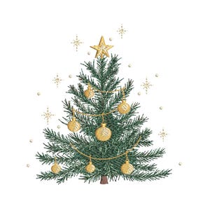 Puede incluir: Árbol de Navidad bordado con adornos dorados, una estrella en la cima y detalles de estrellas. El árbol es verde con guirnaldas y adornos dorados, sobre un fondo blanco, ideal para la decoración navideña.