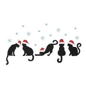 Desenho de bordado de gatos de Natal com flocos de neve, desenho de bordado de máquina de Feliz Natal, 4 tamanhos, download instantâneo