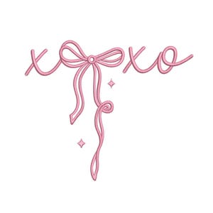 May include: Pink embroidered design featuring the letters "xoxo" with a bow and ribbon detail. Two small star shapes are also included in the design. The design is on a white background.