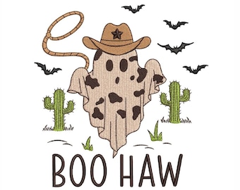 Diseño de bordado Boo Haw, bordado occidental de Halloween, diseño de bordado de vaquero de Halloween, 3 tamaños, descarga instantánea
