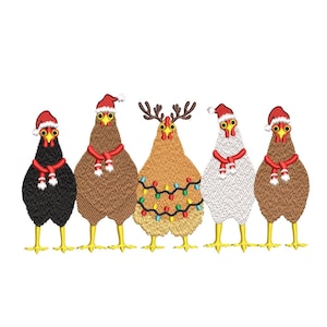 Five Christmas Chickens Embroidery Design, 3 sizes, Instant Download