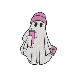 Può includere: Un fantasma bianco con un berretto rosa e che tiene una tazza rosa con una cannuccia. Il fantasma tiene un libro rosa con un disegno floreale.
