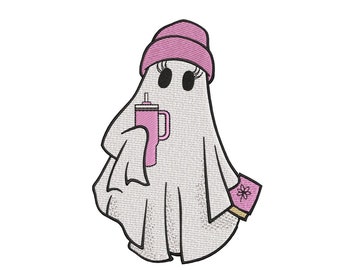 Ghost with Cup Embroidery Design, Halloween Girl Ghost Machine Embroidery Design, 3 sizes, Instant Download