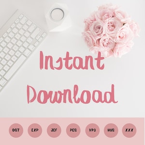 K&ouml;nnte beinhalten: Ein rosa Hintergrund mit dem Text "Sofort-Download" in rosa Schrift. Unter dem Text befinden sich acht rosa Kreise mit folgendem Text in Schwarz: "DST", "EXP", "JEF", "PES", "VP3", "HUS", "XXX".