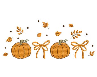 Coquette Bow Embroidery Design Pumpkin Fall Leaves Machine Embroidery File 3 Sizes