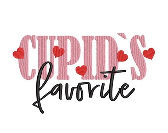 May include: A Valentine's Day design featuring the phrase "Cupid's Favorite" in pink and black. The word "Cupid's" is in a pink, textured font with red heart accents. The word "favorite" is in a black, cursive font.