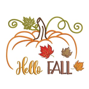 Hello Fall Embroidery Design, Pumpkin Embroidery File, 4 sizes, Instant Download