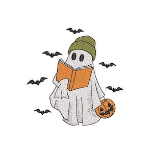 Ghost Reading Book Embroidery Design Cute Halloween Machine Embroidery File Spooky Ghost with Book Pattern 3 Sizes 4x4 5x7  Instant Download