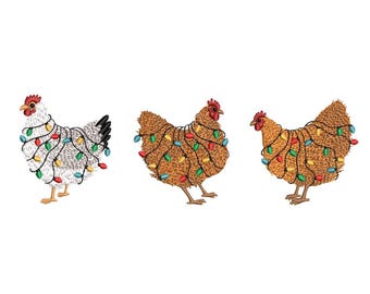 Diseño de bordado de pollos con luces navideñas, 4 tamaños, descarga instantánea