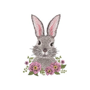 Diseño de bordado de conejito floral, archivo de bordado a máquina de Pascua, 3 tamaños, descarga instantánea