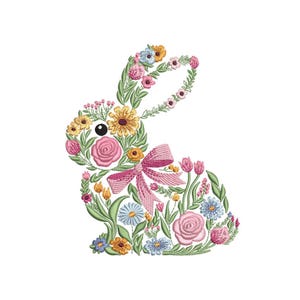 Diseño bordado de conejito floral con lazo coqueto, 3 tamaños, descarga instantánea