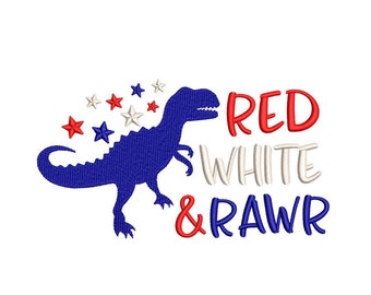Może przedstawiać: Czerwono-biało-niebieski dinozaur z gwiazdami i tekstem "RED WHITE & RAWr" w kolorze czerwonym, białym i niebieskim.