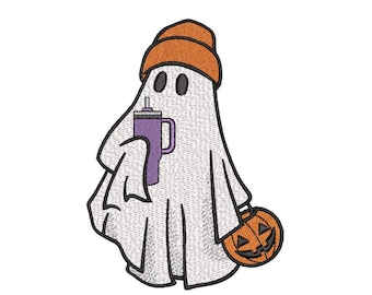 Ghost with Cup Embroidery Design Halloween Ghost Machine Embroidery File for Towels Sweatshirts Bags 3 Sizes Included Instant Download