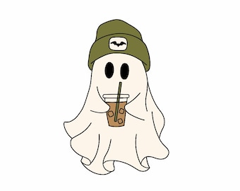 Cute Ghost Drinking Coffee Png, Ghost Ice Coffee png, Halloween Ghost Png, Stay Spooky Png