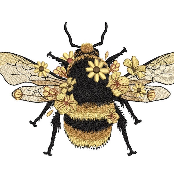 Floral Bumblebee Machine Embroidery Design, 3 sizes, Instant Download