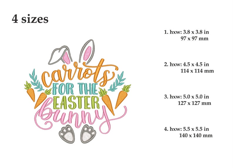 K&ouml;nnte beinhalten: Stickdatei Karotten f&uuml;r den Osterhasen. Das Design zeigt einen Hasen mit Karotten, Bl&auml;ttern und dem Text "Karotten f&uuml;r den Osterhasen". Die Stickdatei ist in vier Gr&ouml;&szlig;en erh&auml;ltlich: 9,7 cm, 11,4 cm, 12,7 cm und 14 cm.