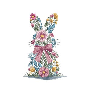 Diseño de bordado de conejito floral, 3 tamaños, descarga instantánea