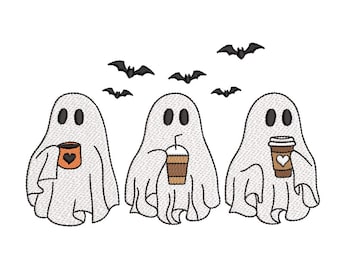 Spoken drinken koffie borduurwerk ontwerpen schattige Halloween geesten borduurbestand voor koffieliefhebbers Spooky Autumn Fall Decor Instant Download
