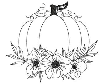 Floral Kürbis Stickmuster, Kürbis Stickmuster, Maschinenstickerei Datei Herbst Dekor für Handtücher Hemden Kissen 10x4 5x7 8x12 Instant Download