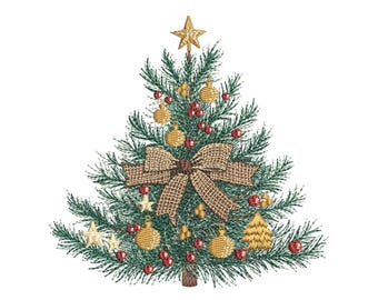 Árbol de Navidad con lazo dorado y adornos, diseño bordado a máquina, 3 tamaños, descarga instantánea