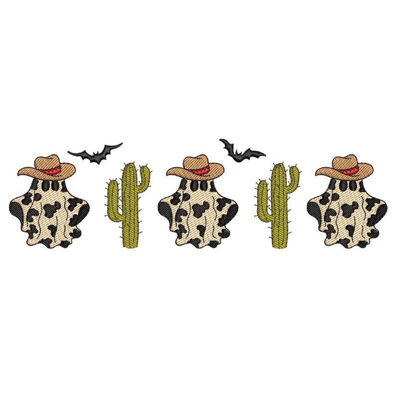 May include: Three cartoon ghosts wearing cowboy hats and a cow print pattern, with two cacti and two bats in the background.