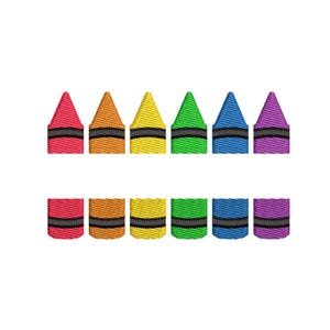 May include: A set of 10 colorful crayons in a rainbow pattern. The crayons are arranged in two rows of five. The crayons are all the same size and shape. They are perfect for coloring and drawing.