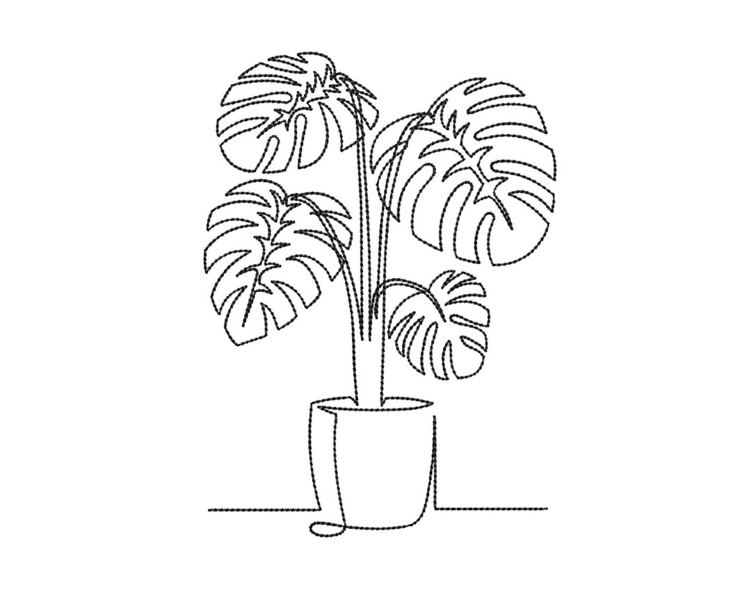 Monstera Leaf in a Pot Embroidery Design, One Line Art Embroidery ...