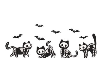 Skeleton Cats Embroidery Design Halloween Machine Embroidery File Spooky Black Cat Design for 5x7 6х10 Hoops Instant Download