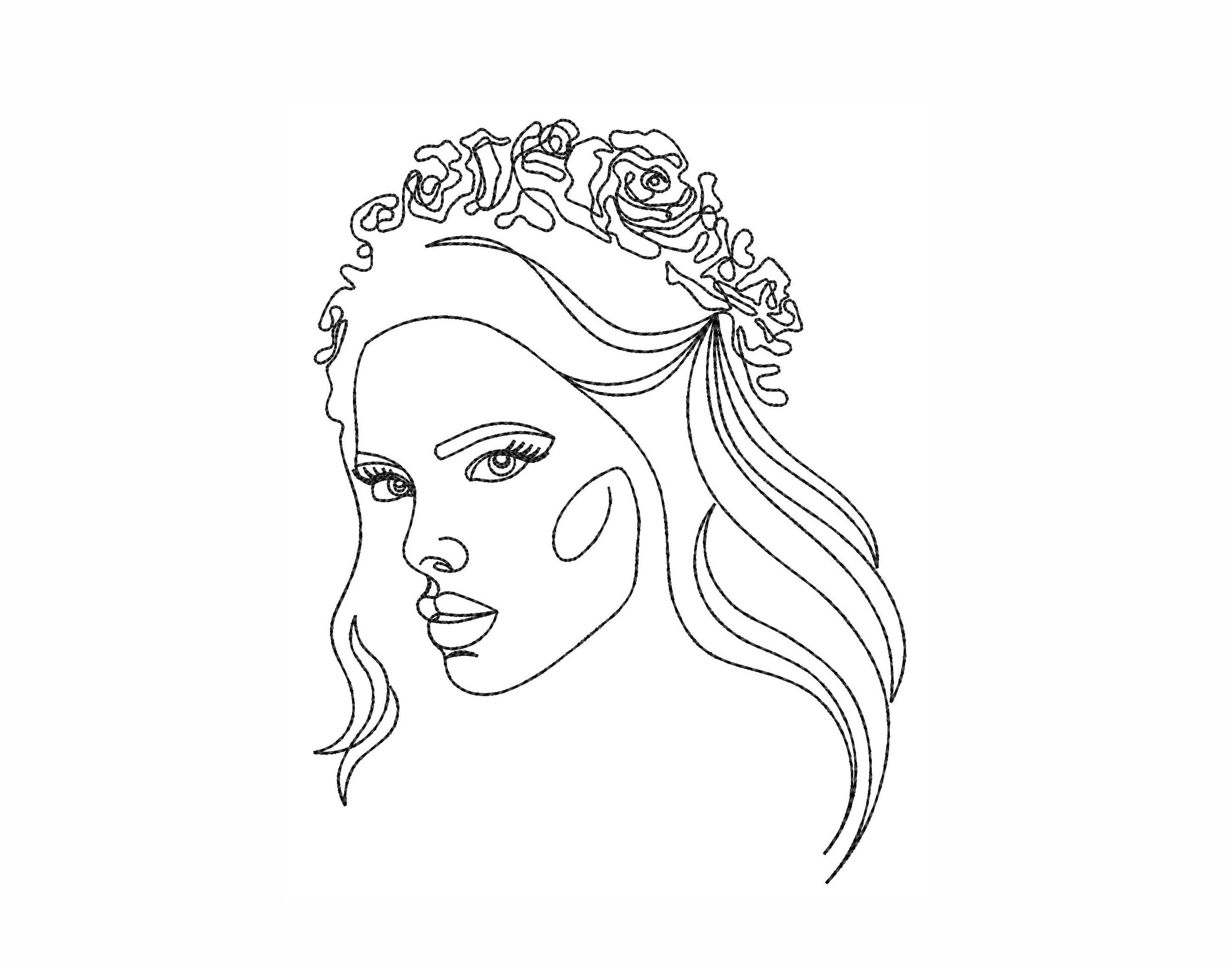 Woman with flowers machine embroidery design one line art  etsy