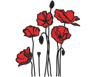 Poppies Embroidery Design, Flower Machine Embroidery Design, 3 sizes, Instant Download