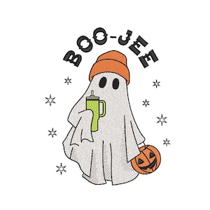 May include: A white ghost wearing an orange beanie holds a green beverage and a jack-o-lantern. The text "BOO-JEE" is written in a circle around the ghost.