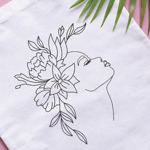 Woman With Flowers Embroidery Design Line Art Embroidery - Etsy