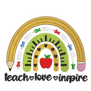 Teacher Rainbow Embroidery Design, Back to School Embroidery, Teacher Gift, School Supplies Embroidery Design, 3 sizes, Instant download
