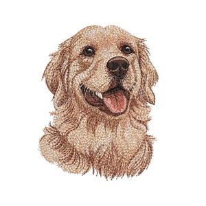 May include: An embroidered portrait of a Golden Retriever dog. The dog has a light brown coat, dark eyes, and a pink tongue. The embroidery style gives the image a textured, artistic appearance.