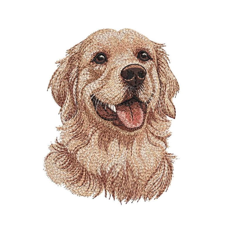 May include: An embroidered portrait of a Golden Retriever dog. The dog has a light brown coat, dark eyes, and a pink tongue. The embroidery style gives the image a textured, artistic appearance.