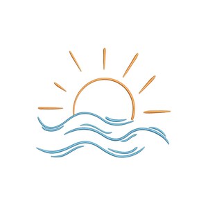 May include: An embroidered design featuring a stylized sunrise over ocean waves. The sun is depicted with a golden-brown arc and radiating lines, while the waves are in shades of blue. The design is simple and evokes a sense of calm.