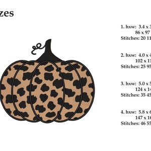 May include: A brown and black leopard print pumpkin with a black stem. The image shows four different sizes of the pumpkin with the dimensions and stitch count for each size.