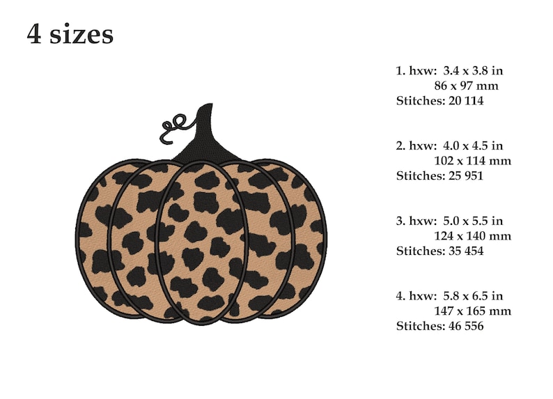 May include: A brown and black leopard print pumpkin with a black stem. The image shows four different sizes of the pumpkin with the dimensions and stitch count for each size.