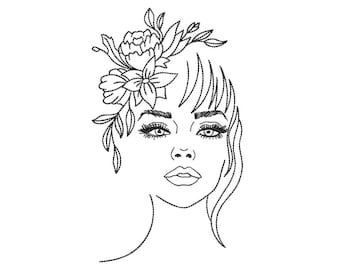 Woman With Flowers Machine Embroidery Design, 5 sizes, Instant Download