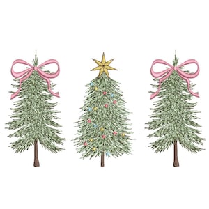 May include: Three embroidered Christmas trees on a white background. Two trees have pink bows at the top, and the center tree is decorated with a gold star and colorful lights. The trees have brown trunks and green needles.