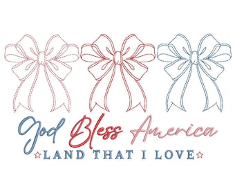 God Bless America 4th July Coquette Bow Embroidery Design Patriotic Machine Embroidery File, 4 sizes, Instant Download