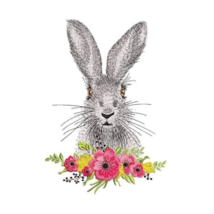 Diseño de bordado de conejito floral, archivo de bordado a máquina de conejo de primavera, decoración de flores de animales lindos para aro de 5x7 y 6x10, descarga instantánea